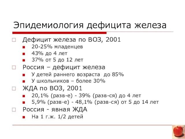 Эпидемиология дефицита железа Дефицит железа по ВОЗ, 2001 20-25% младенцев 43% до