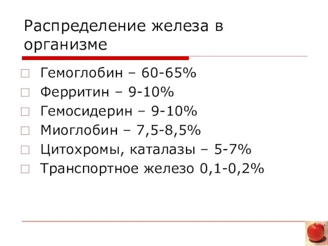 Распределение железа в организме Гемоглобин – 60-65% Ферритин – 9-10% Гемосидерин –