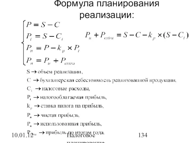 10.01.12 Налоговое планирование Формула планирования реализации: