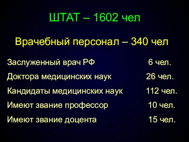 Врачебный персонал – 340 чел Заслуженный врач РФ 6 чел. Доктора медицинских