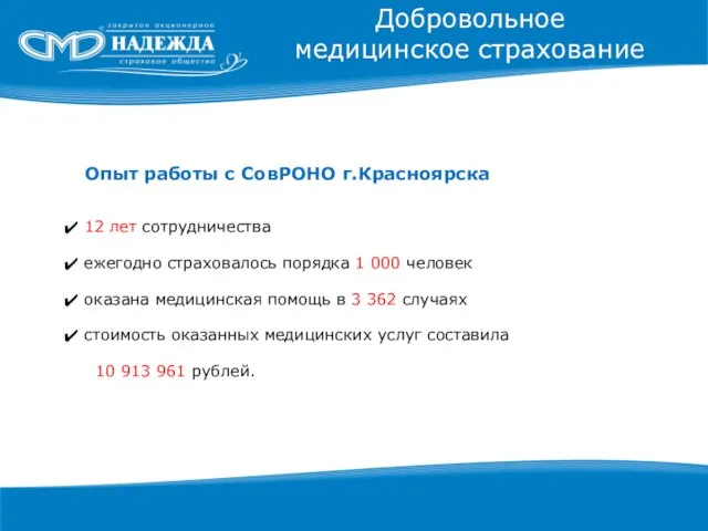 Добровольное медицинское страхование 12 лет сотрудничества ежегодно страховалось порядка 1 000 человек