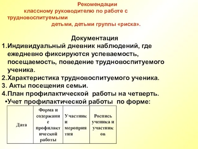 Рекомендации классному руководителю по работе с трудновоспитуемыми детьми, детьми группы «риска». Документация