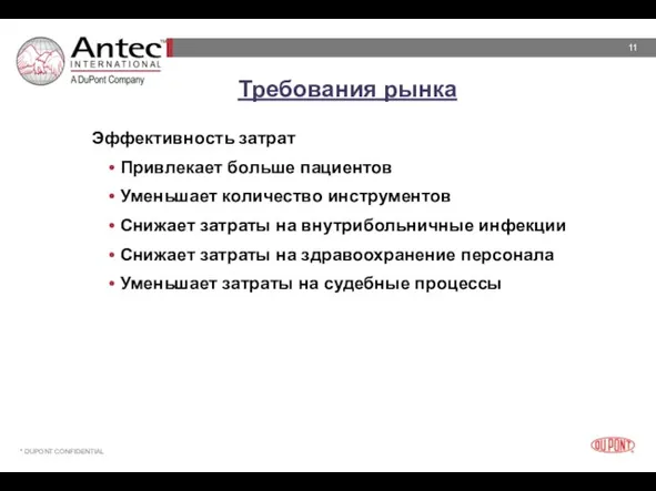 Требования рынка Эффективность затрат Привлекает больше пациентов Уменьшает количество инструментов Снижает затраты