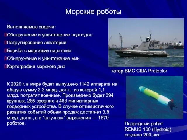 Морские роботы Подводный робот REMUS 100 (Hydroid) создано 200 экз. Выполняемые задачи: