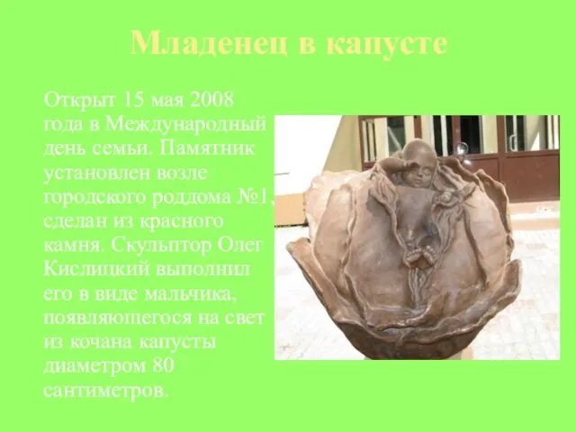 Младенец в капусте Открыт 15 мая 2008 года в Международный день семьи.