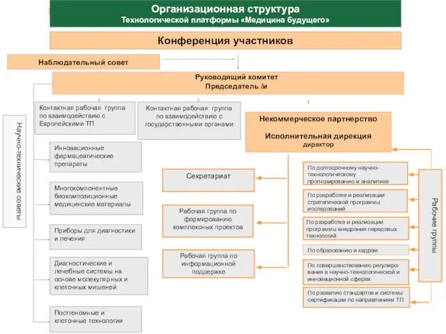 Организационная структура Технологической платформы «Медицина будущего» Руководящий комитет Председатель /и Наблюдательный совет