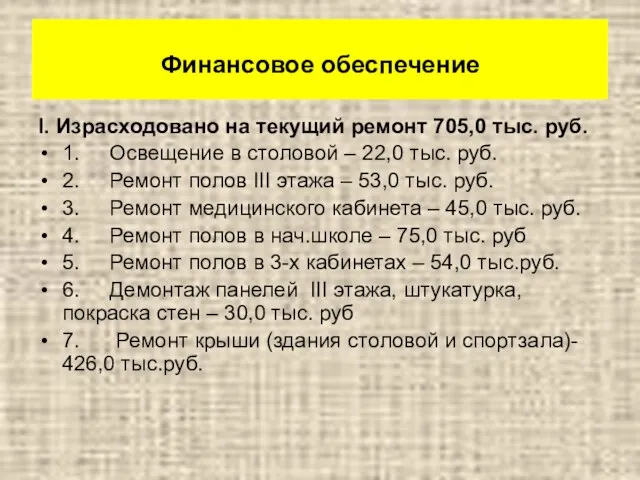 Финансовое обеспечение I. Израсходовано на текущий ремонт 705,0 тыс. руб. 1. Освещение