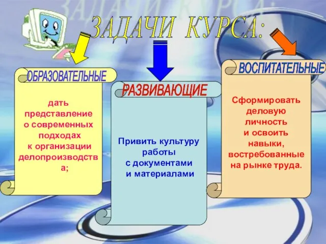 ЗАДАЧИ КУРСА: дать представление о современных подходах к организации делопроизводства; Привить культуру