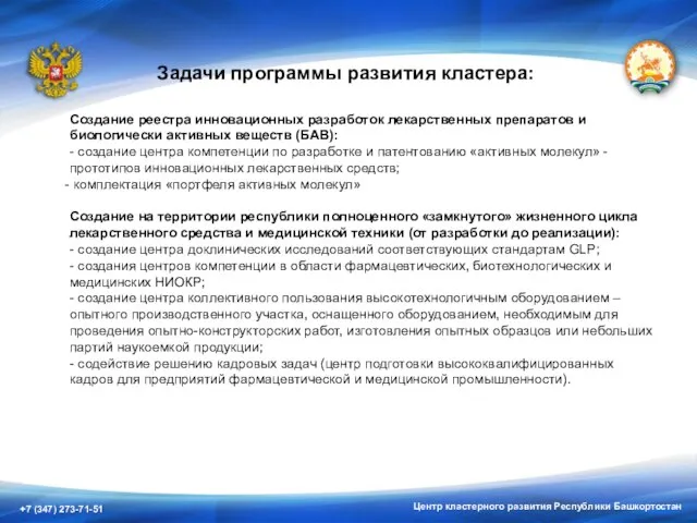 Центр кластерного развития Республики Башкортостан Задачи программы развития кластера: Создание реестра инновационных