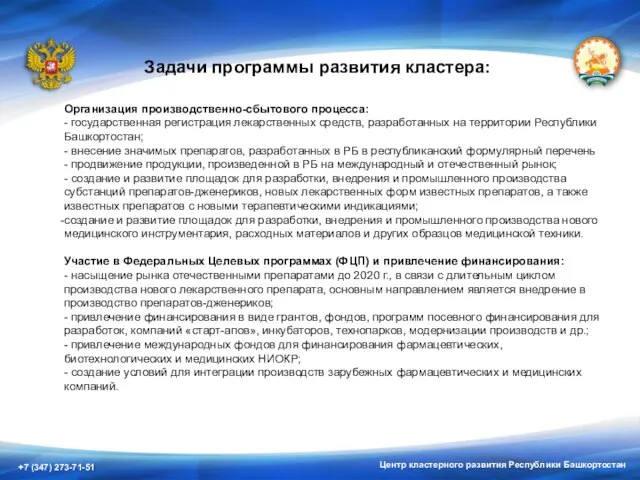 Центр кластерного развития Республики Башкортостан Задачи программы развития кластера: Организация производственно-сбытового процесса: