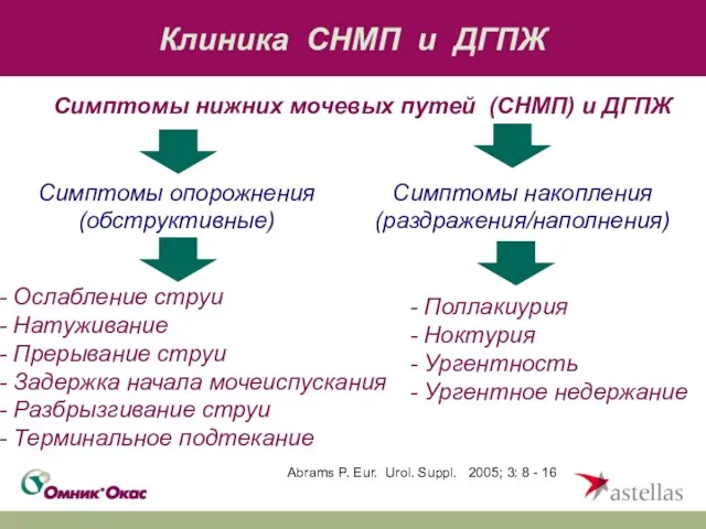 Симптомы нижних мочевых путей (СНМП) и ДГПЖ Клиника СНМП и ДГПЖ Симптомы