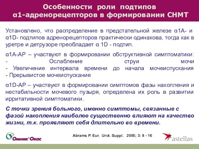 Особенности роли подтипов α1-адренорецепторов в формировании СНМТ Установлено, что распределение в предстательной