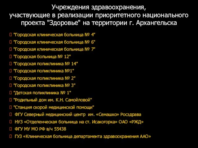 Учреждения здравоохранения, участвующие в реализации приоритетного национального проекта "Здоровье" на территории г. Архангельска