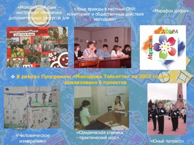 В рамках Программы «Молодежь Тольятти» на 2007 год было реализовано 6 проектов