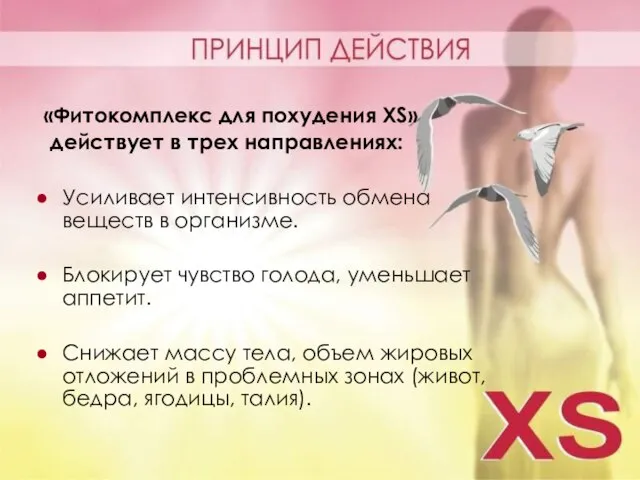 «Фитокомплекс для похудения XS» действует в трех направлениях: Усиливает интенсивность обмена веществ