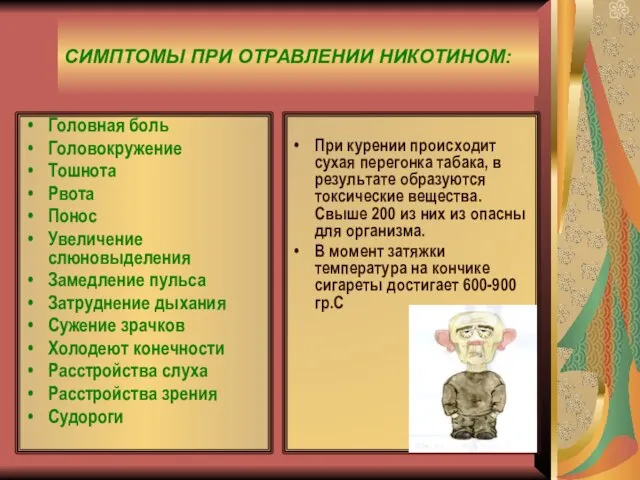 СИМПТОМЫ ПРИ ОТРАВЛЕНИИ НИКОТИНОМ: Головная боль Головокружение Тошнота Рвота Понос Увеличение слюновыделения