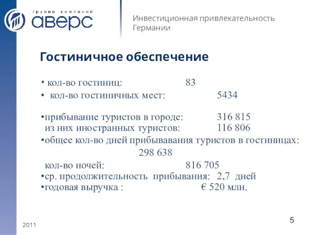 2011 Инвестиционная привлекательность Германии Гостиничное обеспечение кол-во гостиниц: 83 кол-во гостиничных мест: