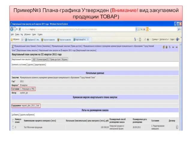 Пример№3 Плана-графика Утвержден (Внимание! вид закупаемой продукции ТОВАР)