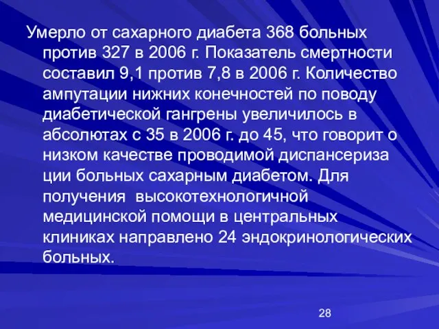 Умерло от сахарного диабета 368 больных против 327 в 2006 г. Показатель