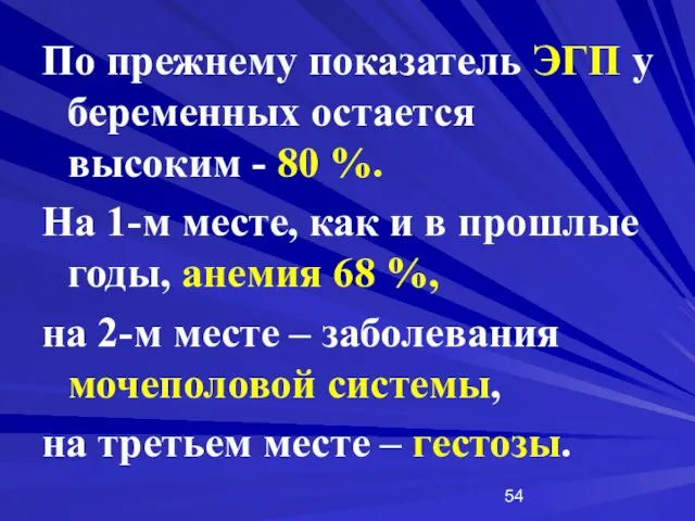 По прежнему показатель ЭГП у беременных остается высоким - 80 %. На