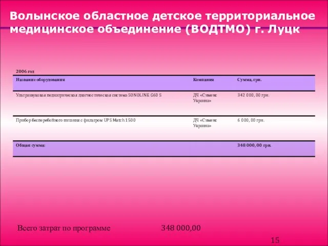 Волынское областное детское территориальное медицинское объединение (ВОДТМО) г. Луцк Всего затрат по программе 348 000,00