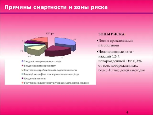 Причины смертности и зоны риска ЗОНЫ РИСКА: Дети с врожденными патологиями Недоношенные