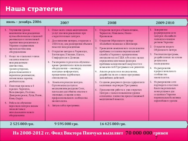 Наша стратегия июнь – декабрь 2006 2007 2008 Улучшение уровня выживания новорожденных