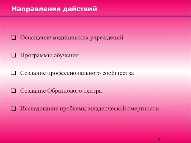 Направления действий Оснащение медицинских учреждений Программы обучения Создание профессионального сообщества Создание Образцового