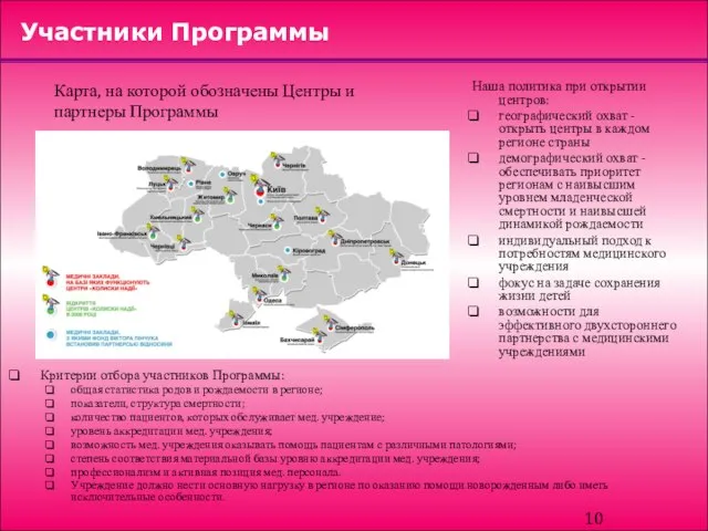 Участники Программы Критерии отбора участников Программы: общая статистика родов и рождаемости в