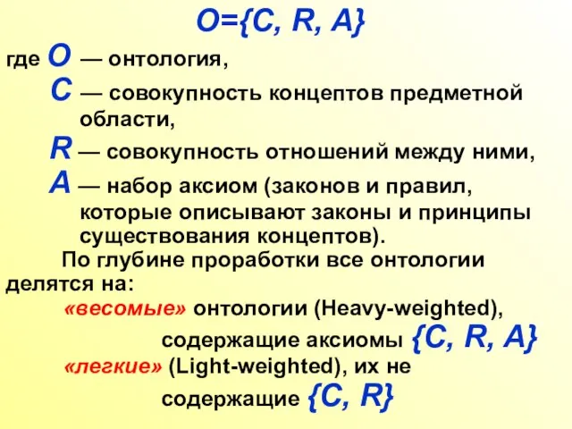 O={C, R, A} где O — онтология, С — совокупность концептов предметной