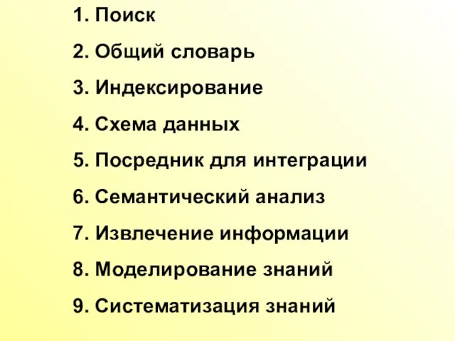 1. Поиск 2. Общий словарь 3. Индексирование 4. Схема данных 5. Посредник