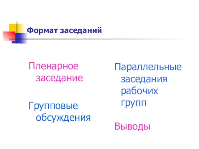 Формат заседаний Пленарное заседание Групповые обсуждения Параллельные заседания рабочих групп Выводы