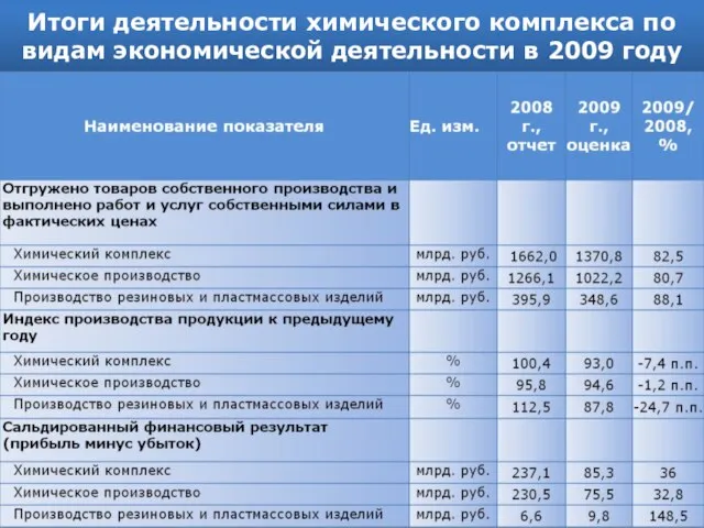 Итоги деятельности химического комплекса по видам экономической деятельности в 2009 году