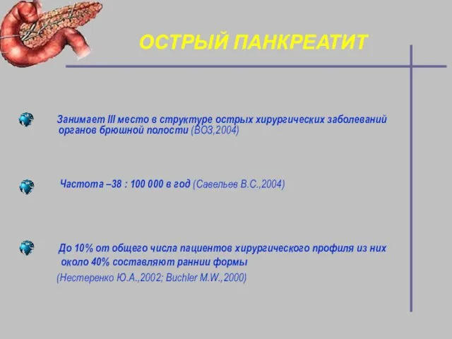 ОСТРЫЙ ПАНКРЕАТИТ Занимает III место в структуре острых хирургических заболеваний органов брюшной