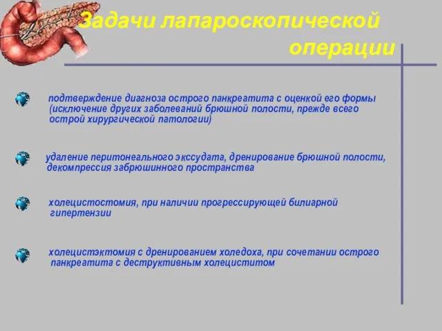 Задачи лапароскопической операции подтверждение диагноза острого панкреатита с оценкой его формы (исключение