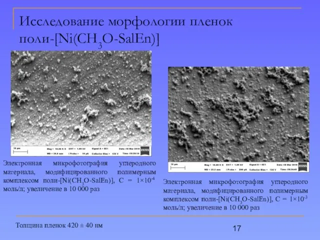 Исследование морфологии пленок поли-[Ni(CH3O-SalEn)] Электронная микрофотография углеродного материала, модифицированного полимерным комплексом поли-[Ni(CH3O-SalEn)],