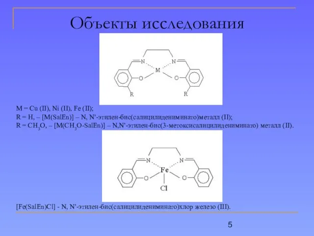 Объекты исследования М = Cu (II), Ni (II), Fe (II); R =