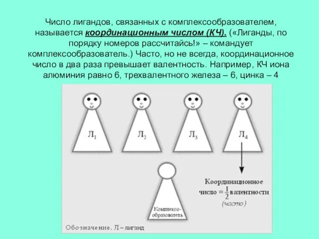 Число лигандов, связанных с комплексообразователем, называется координационным числом (КЧ). («Лиганды, по порядку