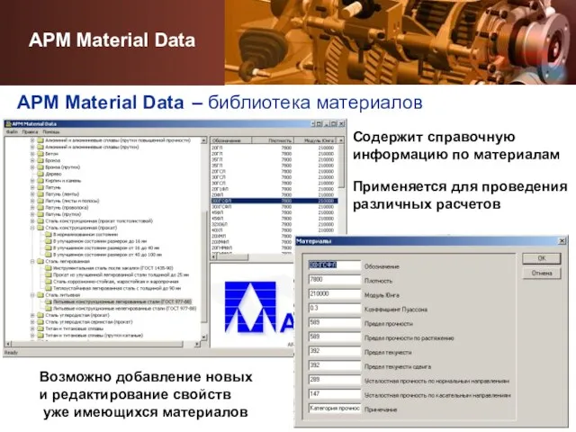 APM Material Data – библиотека материалов Содержит справочную информацию по материалам Возможно