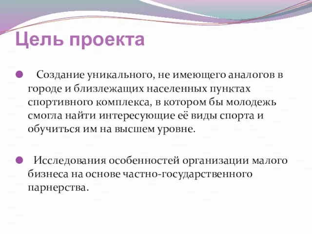 Цель проекта Создание уникального, не имеющего аналогов в городе и близлежащих населенных