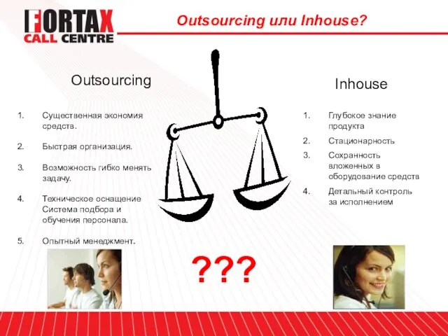 Outsourcing Inhouse Существенная экономия средств. Быстрая организация. Возможность гибко менять задачу. Техническое