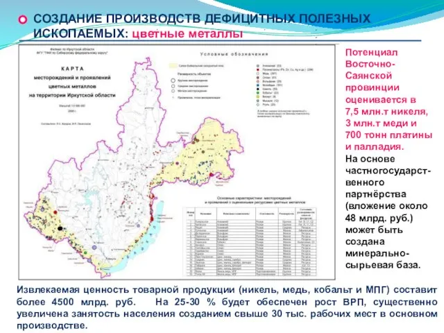 Потенциал Восточно-Саянской провинции оценивается в 7,5 млн.т никеля, 3 млн.т меди и