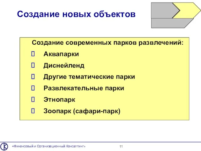 Создание новых объектов «Финансовый и Организационный Консалтинг» Создание современных парков развлечений: Аквапарки