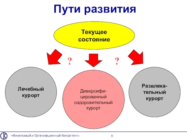 Пути развития «Финансовый и Организационный Консалтинг» Текущее состояние Лечебный курорт Диверсифи-цированный оздоровительный