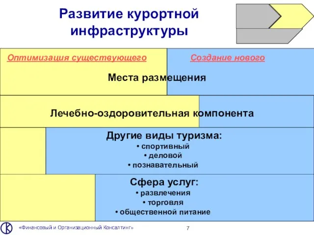 Развитие курортной инфраструктуры «Финансовый и Организационный Консалтинг» Оптимизация существующего Создание нового Места