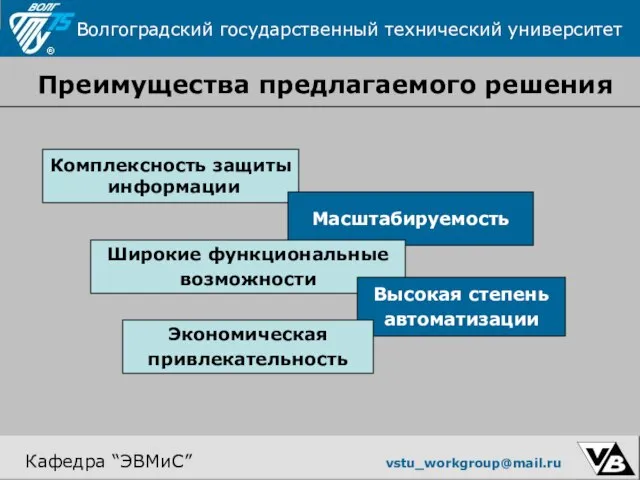 Преимущества предлагаемого решения Волгоградский государственный технический университет Кафедра “ЭВМиС” vstu_workgroup@mail.ru Комплексность защиты