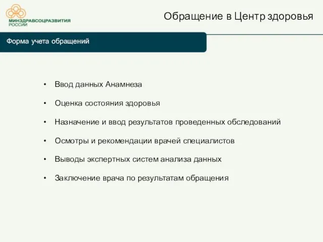 Обращение в Центр здоровья Форма учета обращений Ввод данных Анамнеза Оценка состояния