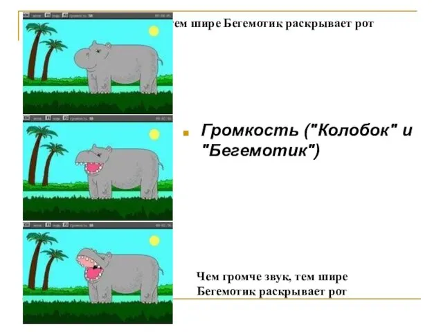 Чем громче звук, тем шире Бегемотик раскрывает рот Громкость ("Колобок" и "Бегемотик")