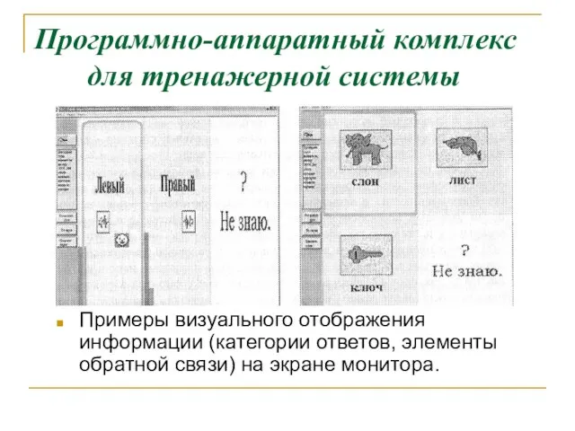 Программно-аппаратный комплекс для тренажерной системы Примеры визуального отображения информации (категории ответов, элементы