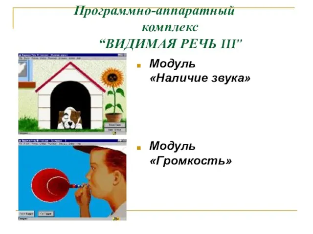 Программно-аппаратный комплекс “ВИДИМАЯ РЕЧЬ III” Модуль «Наличие звука» Модуль «Громкость»